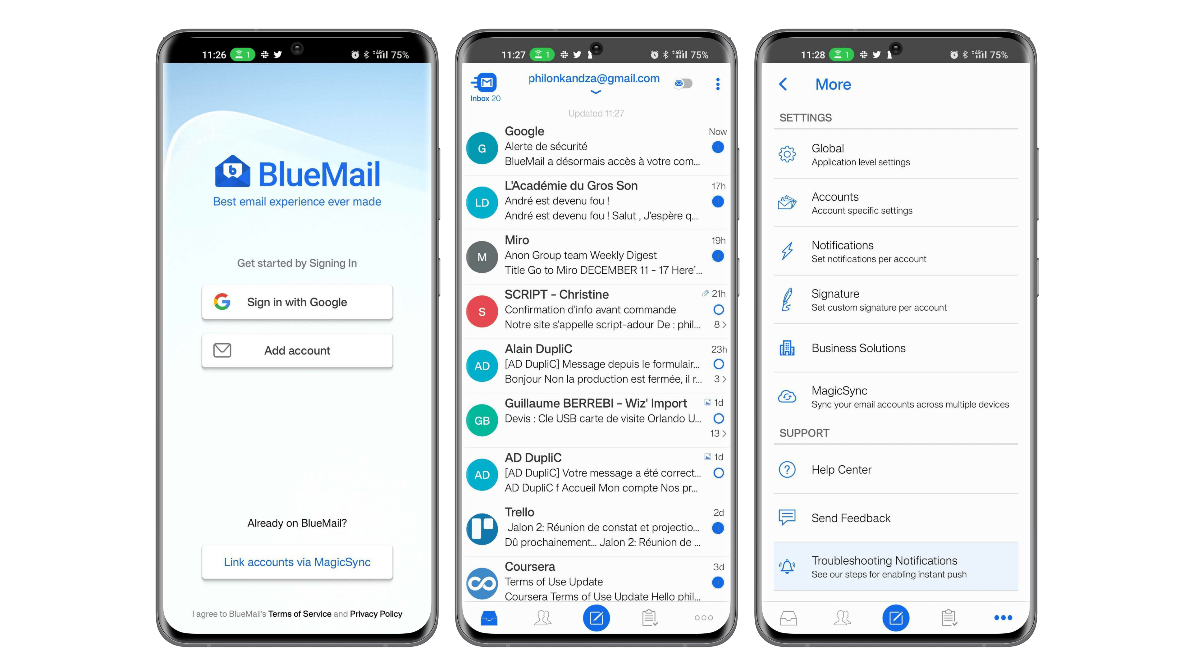 Screenshots of the Blue Mail app user interface Screenshots of the Blue Mail app user interface