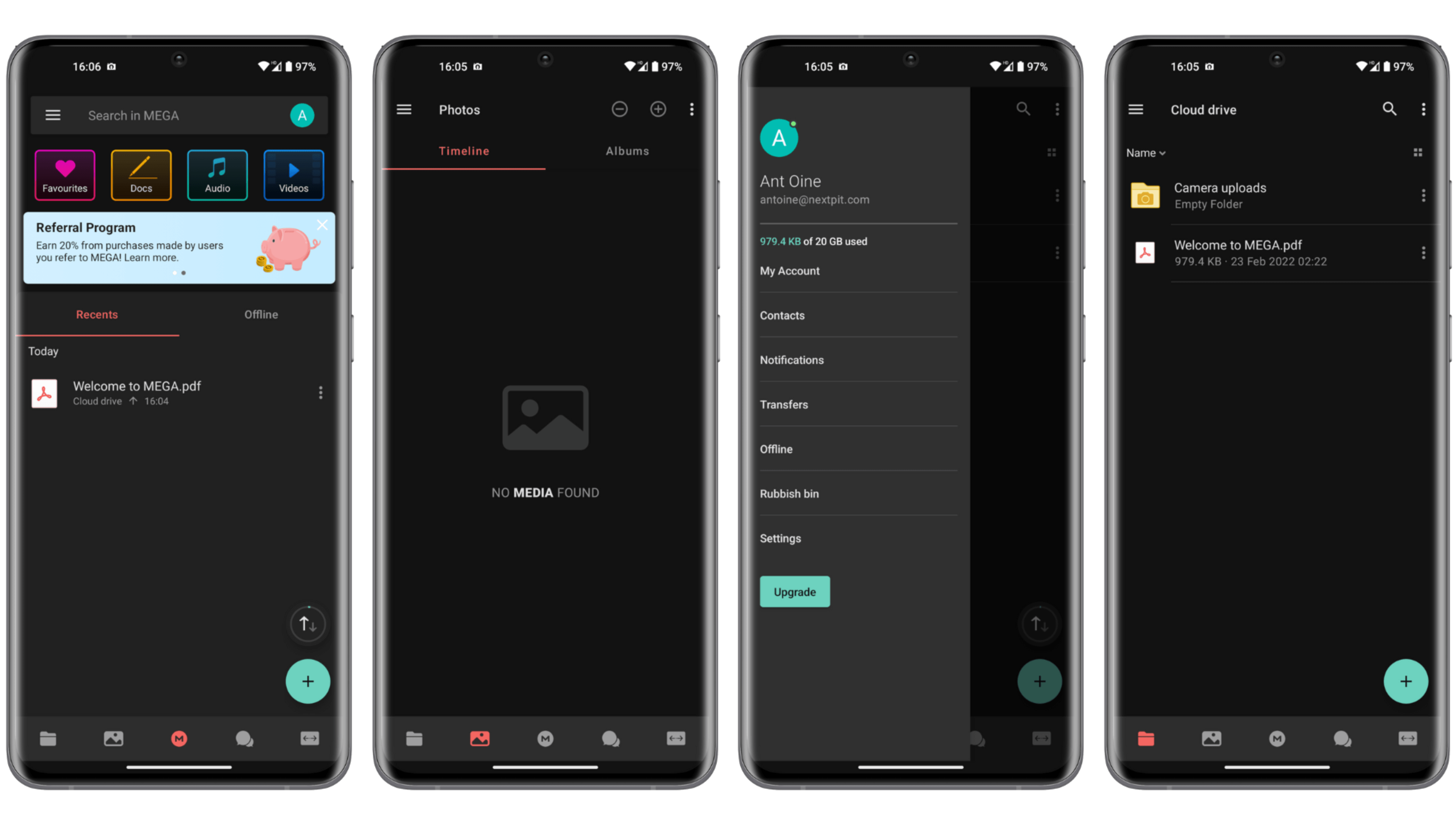 Screenshots of the Mega app user interface Screenshots of the Mega app user interface