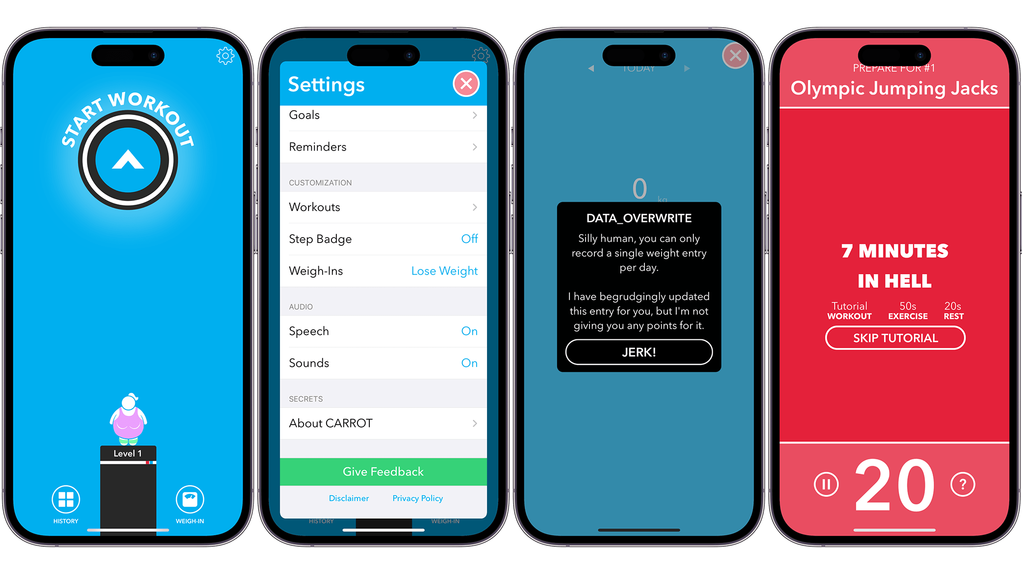 Screenshots of the Carrot Fit app user interface