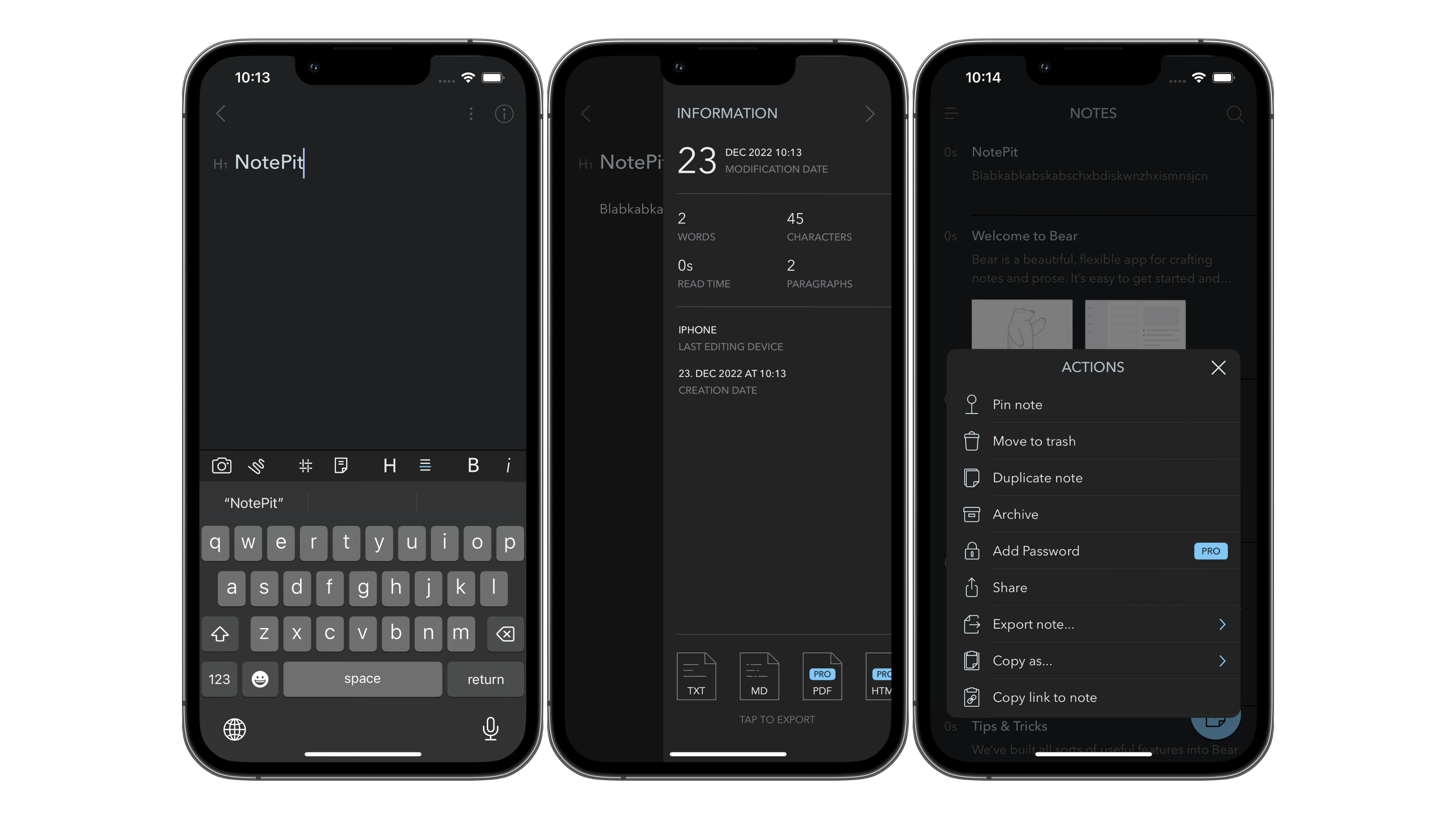 Screenshots of the Bear app user interface