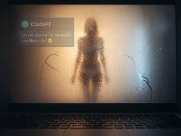 A foggy laptop screen with a silhouette of a person and a ChatGPT message asking, 'Do you like me? What would you like to do?'