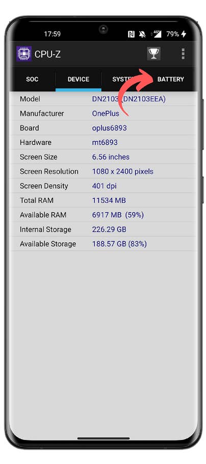 CPU-Z app screen showing device status and battery percentage.