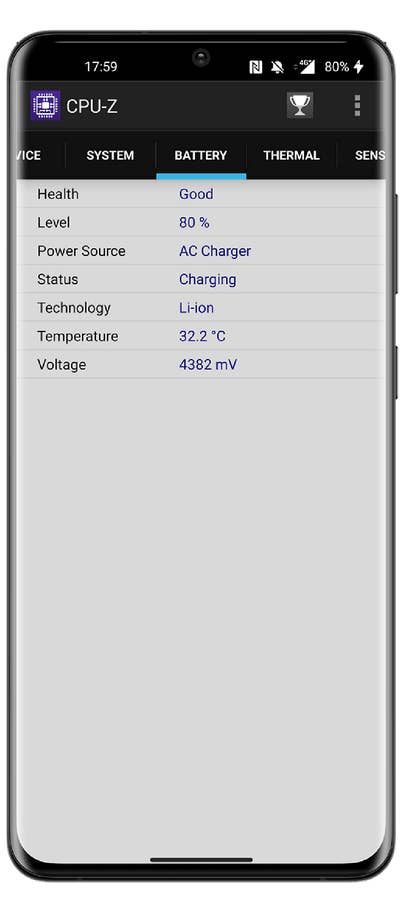 Battery status showing health as good, level at 80%, charging with AC charger, Li-ion technology, 32.2°C, 4382 mV.