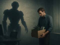 A man holding a box with a plant, looking down as a robot shadow looms behind him in a dim office.