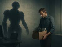 A man holding a box with a plant, looking down as a robot shadow looms behind him in a dim office.