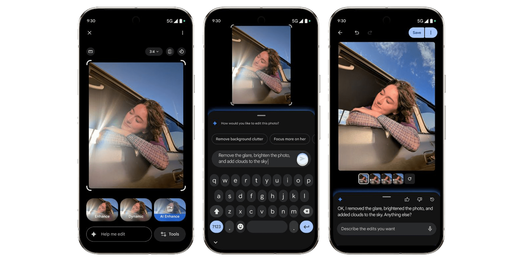 Three smartphones displaying photo editing features and a woman leaning out of a car window.