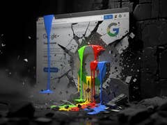A colorful splash of paint flowing from a cracked computer screen displaying Google.