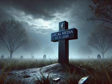 A gravestone labeled 'SOCIAL MEDIA 07.01.2025' with a Facebook logo in a foggy graveyard.