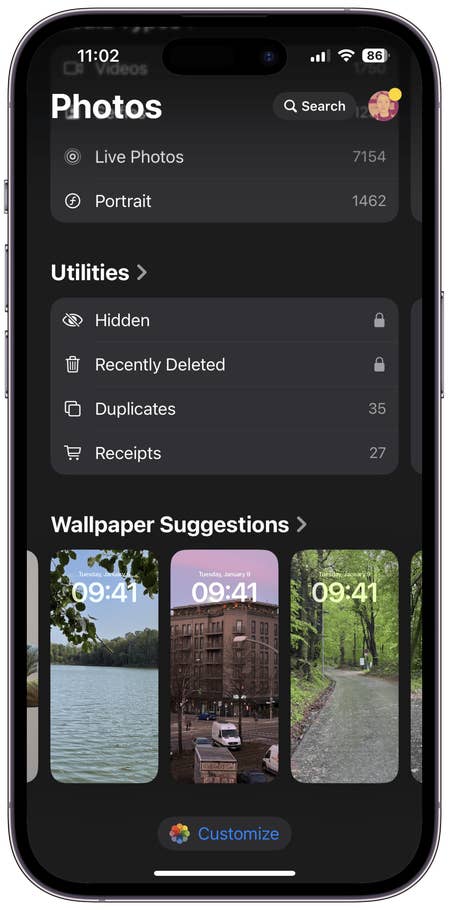 Screenshots of the Photos app user interface on iOS 18