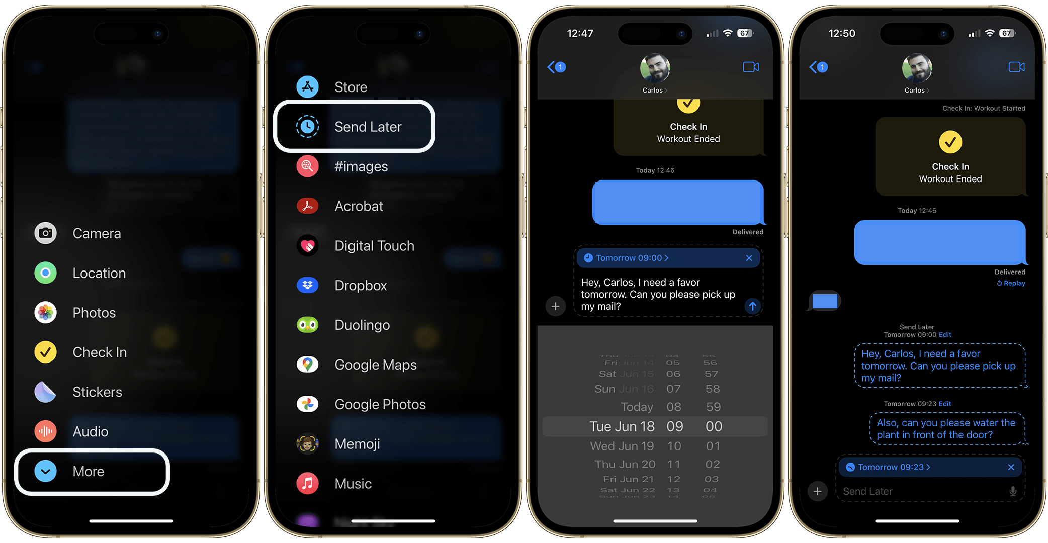 Screenshots showing how to use the message scheduling feature on iMessage