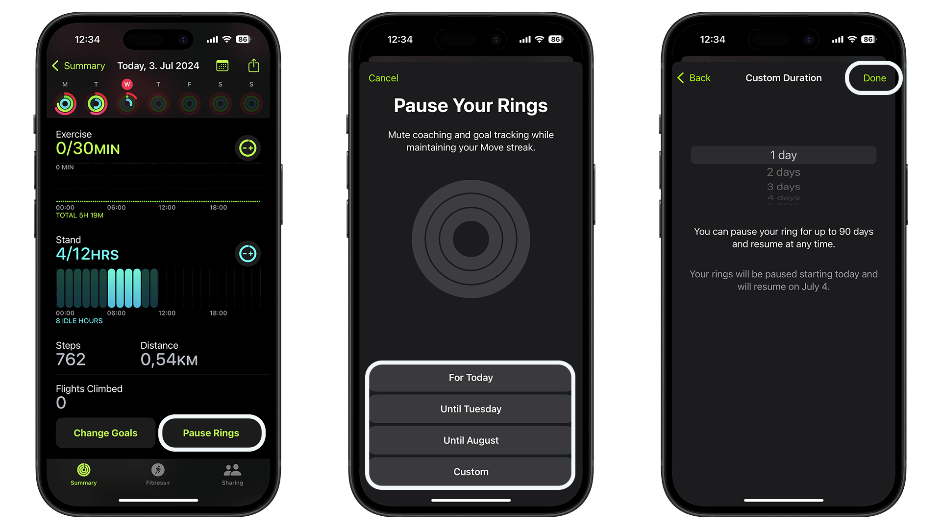 Screenshots on how to pause rings activity on Apple Watch and iPhone Screenshots on how to pause rings activity on Apple Watch and iPhone