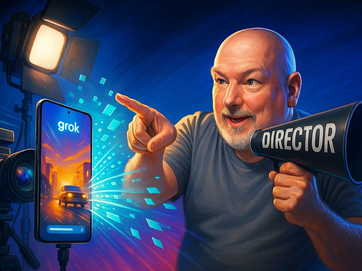 A director enthusiastically points at a phone with 'grok' on the screen, while holding a megaphone labeled 'DIRECTOR'.