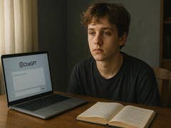 A young person sits at a table with a laptop displaying 'ChatGPT' and a book open beside them.