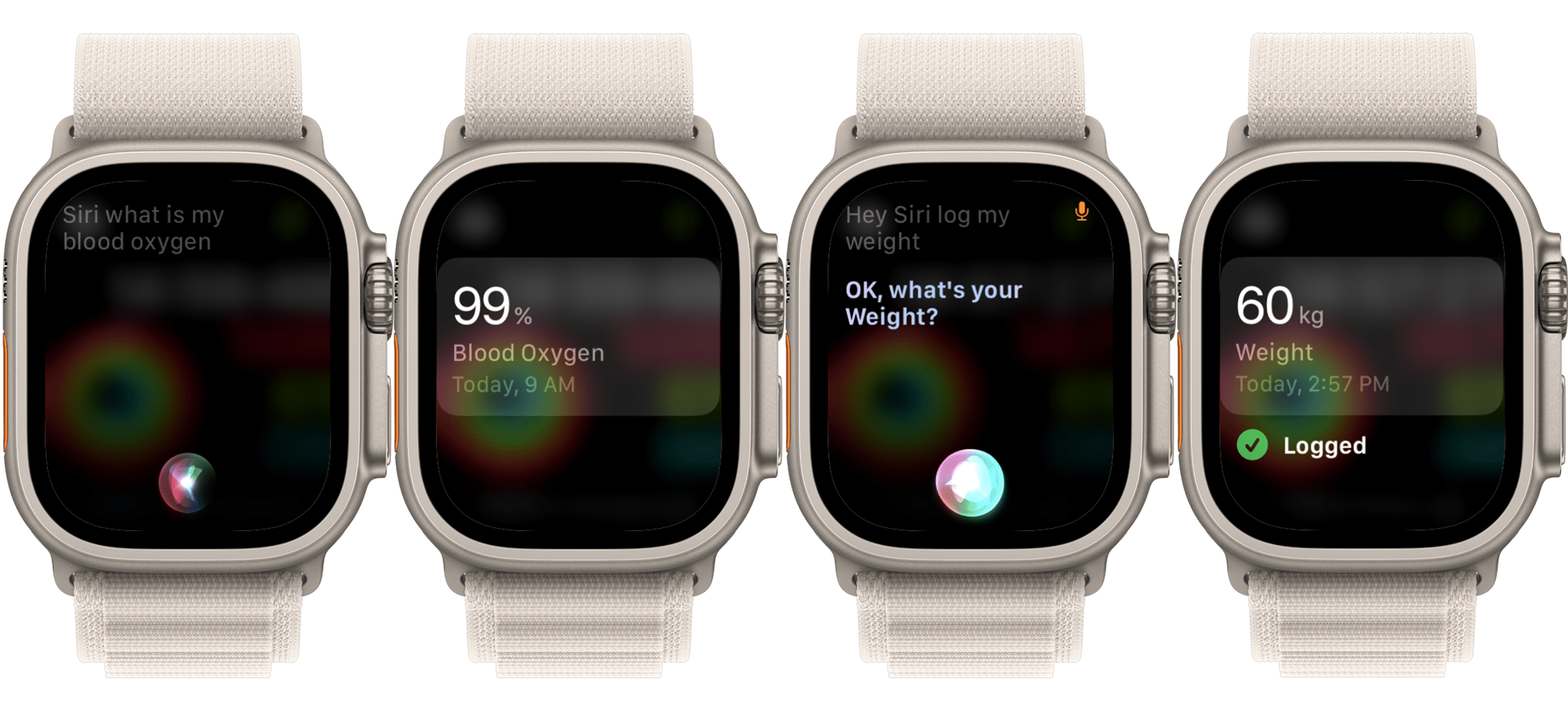 Screenshots demonstrating the on-device commands for use with the Apple Watch.