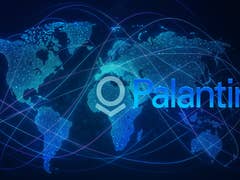 A digital world map with a blue hue and glowing dots, featuring the Palantir logo.