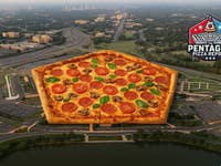 A large pizza with pepperoni, mushrooms, and basil is superimposed over a cityscape and a logo for the Pentagon Pizza Report.