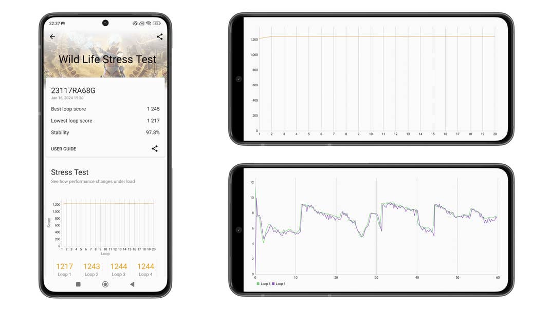 Screenshots taken from the Redmi Note 13 Pro 4G smartphone showing gaming performance on 3DMark
