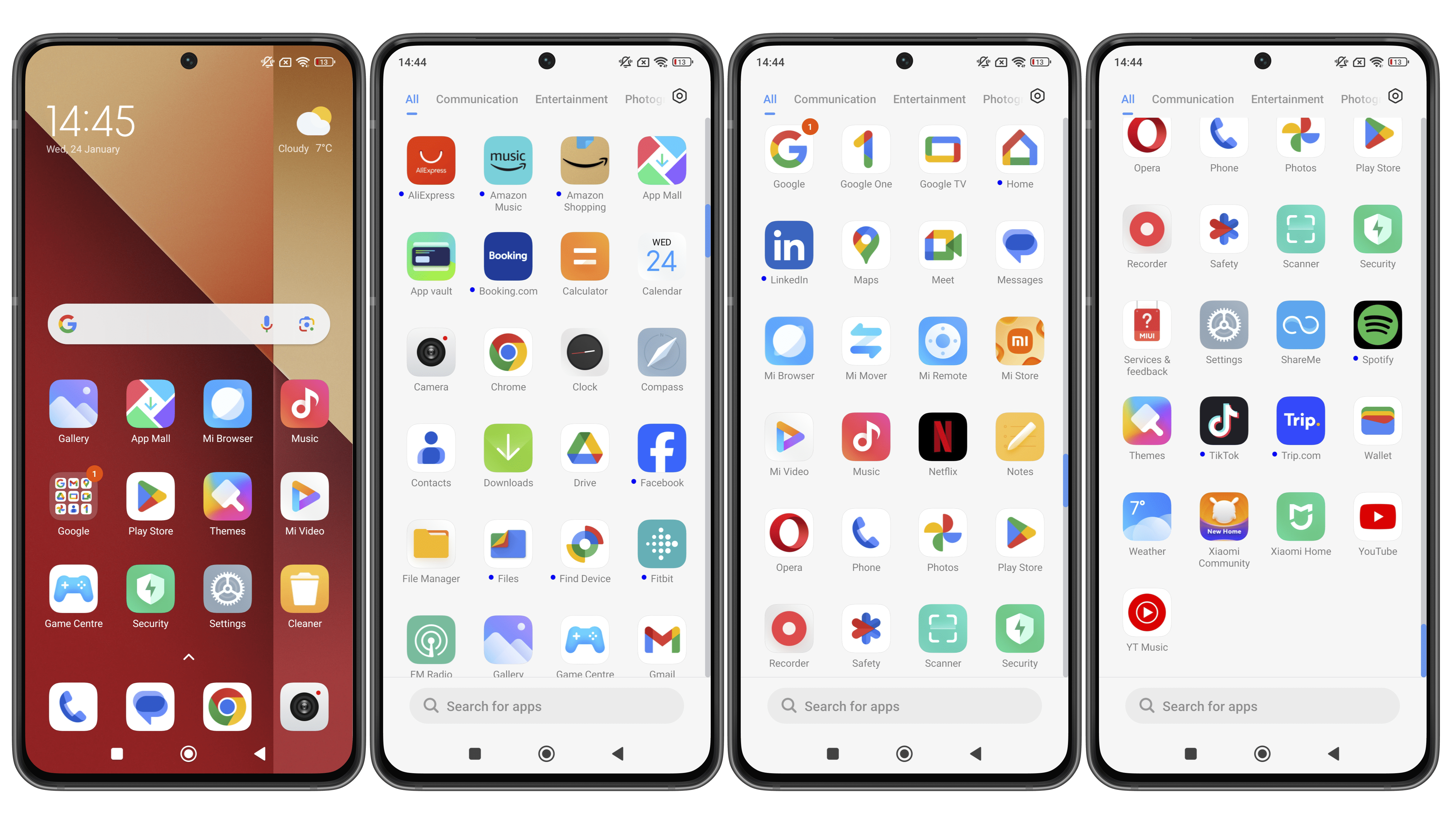 Screenshots taken from the Redmi Note 13 Pro 4G smartphone showing the stock interface and pre-installed apps