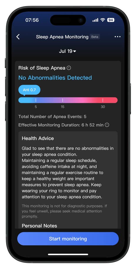 Screenshots of the RingConn Gen 2 Smart Ring app companion user interface.