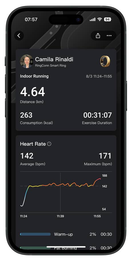 Screenshots of the RingConn Gen 2 Smart Ring app companion user interface.