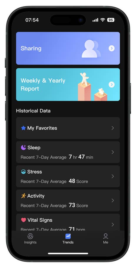 Screenshots of the RingConn Gen 2 Smart Ring app companion user interface.