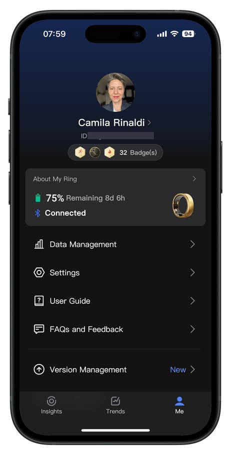Screenshots of the RingConn Gen 2 Smart Ring app companion user interface.