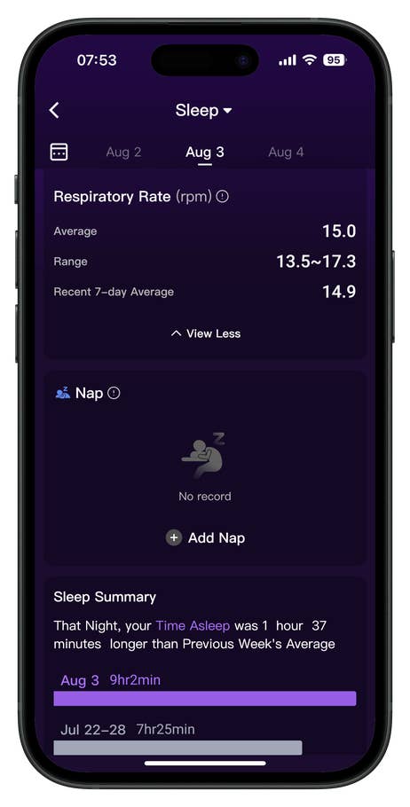 Screenshots of the RingConn Gen 2 Smart Ring app companion user interface.