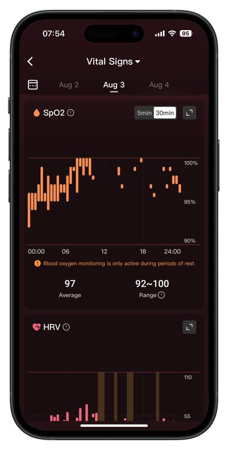 Screenshots of the RingConn Gen 2 Smart Ring app companion user interface.