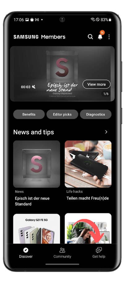 Samsung Members app interface featuring news, tips, and battery-related life hacks.