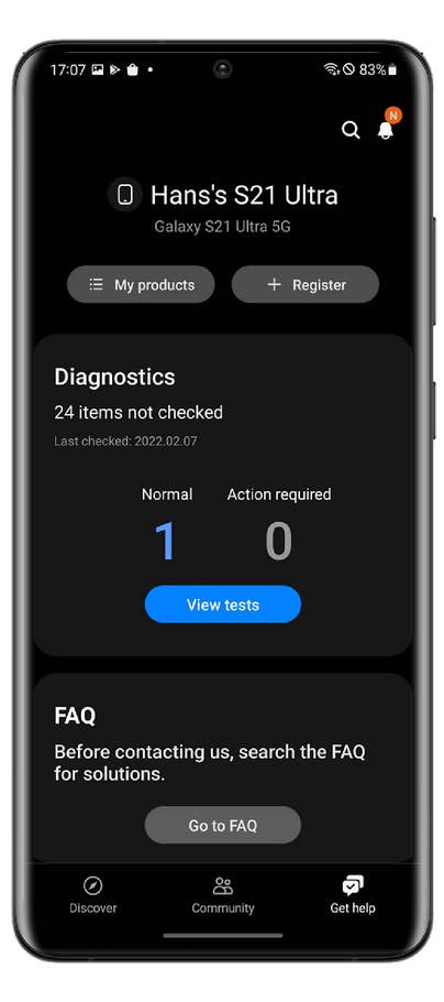 Screen showing Samsung Galaxy S21 Ultra diagnostics with battery status at 83%.