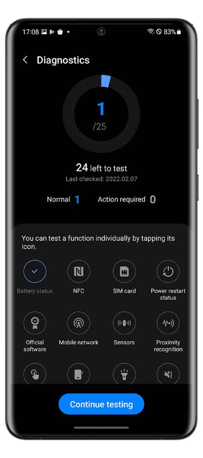 Diagnostics screen showing battery status and testing options.