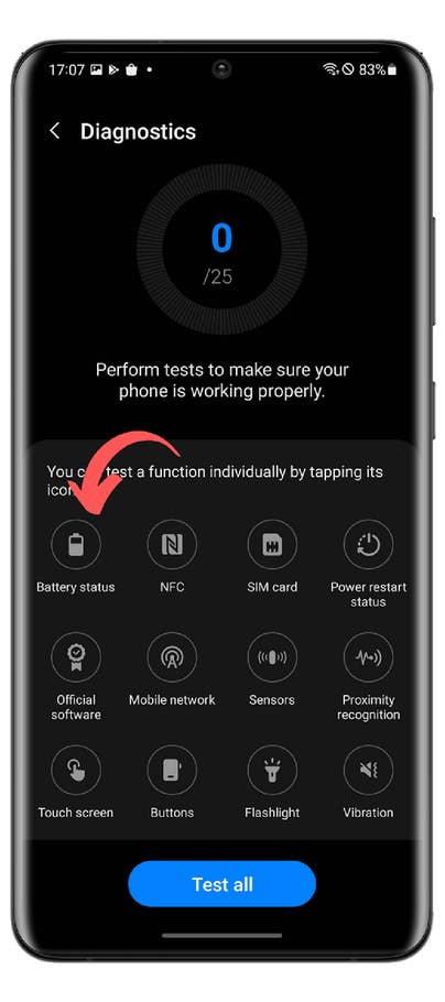 Screen displaying diagnostics options with battery status highlighted.