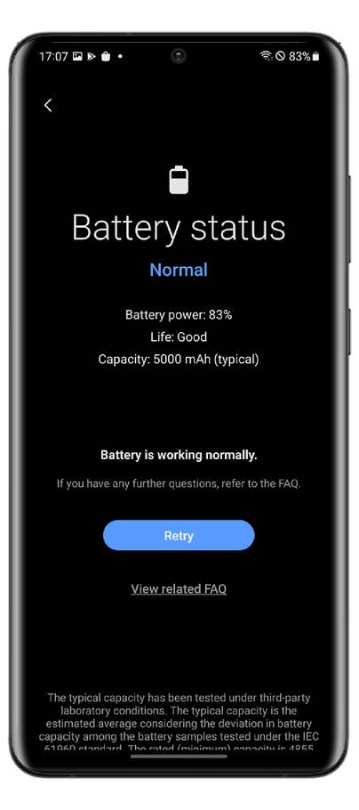 Battery status screen showing 83% power, good life, 5000 mAh capacity, and normal operation message.