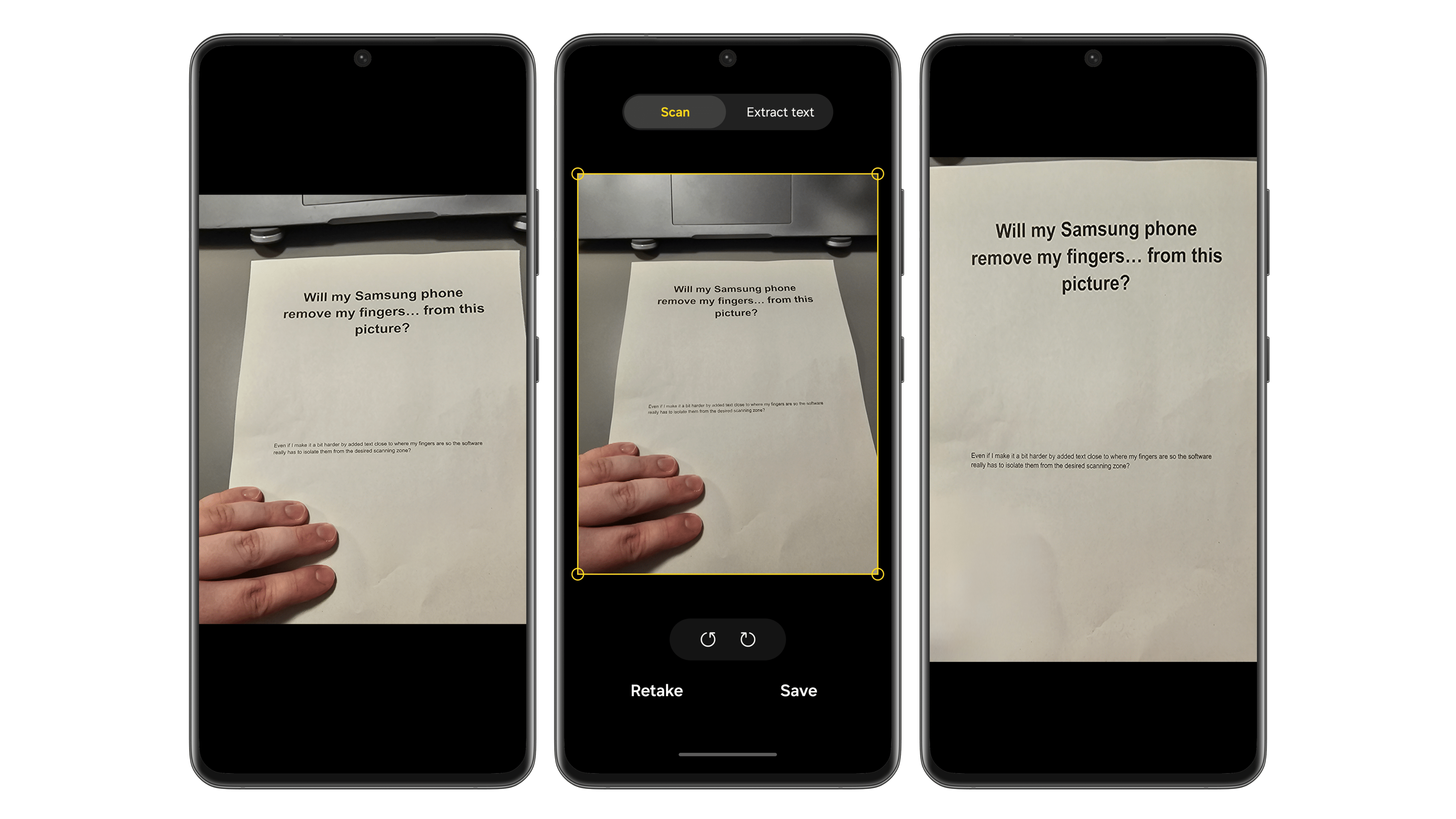 Screenshots showing Samsung's camera app removing fingers from document scans.