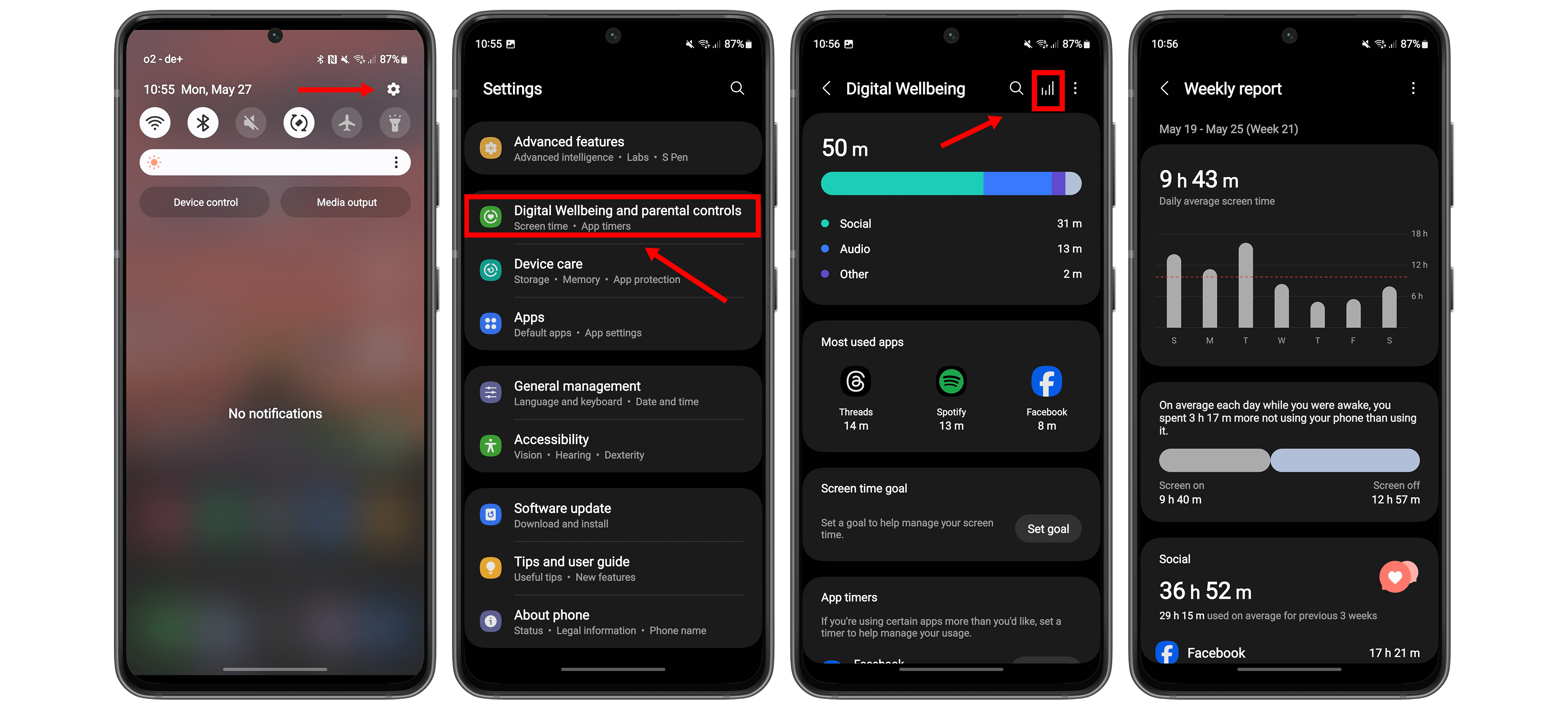 See how much time you spend on your Samsung device in the Digital Wellbeing section.