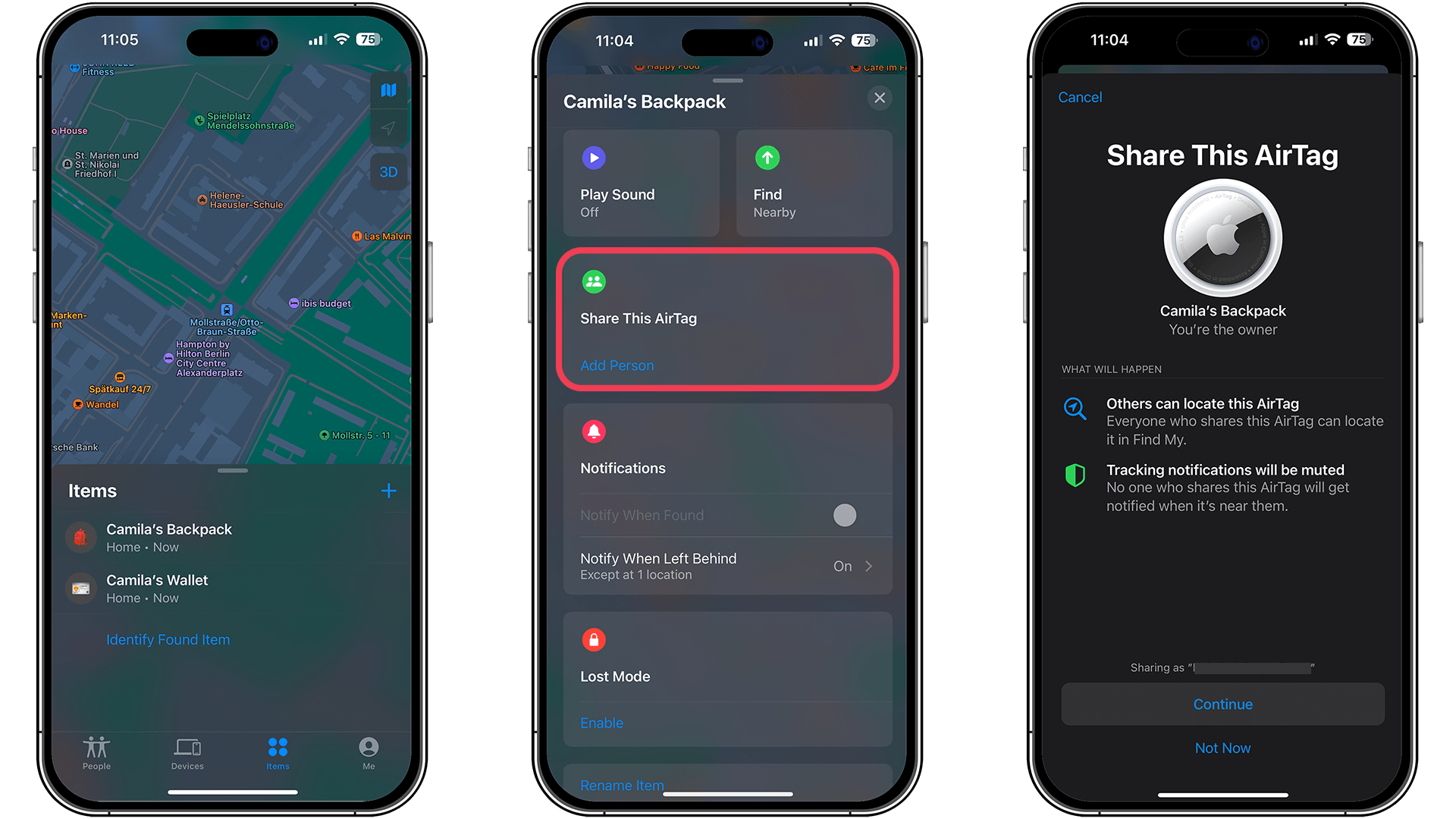 Screenshots displaying how to share items like the AirTags on iOS 17