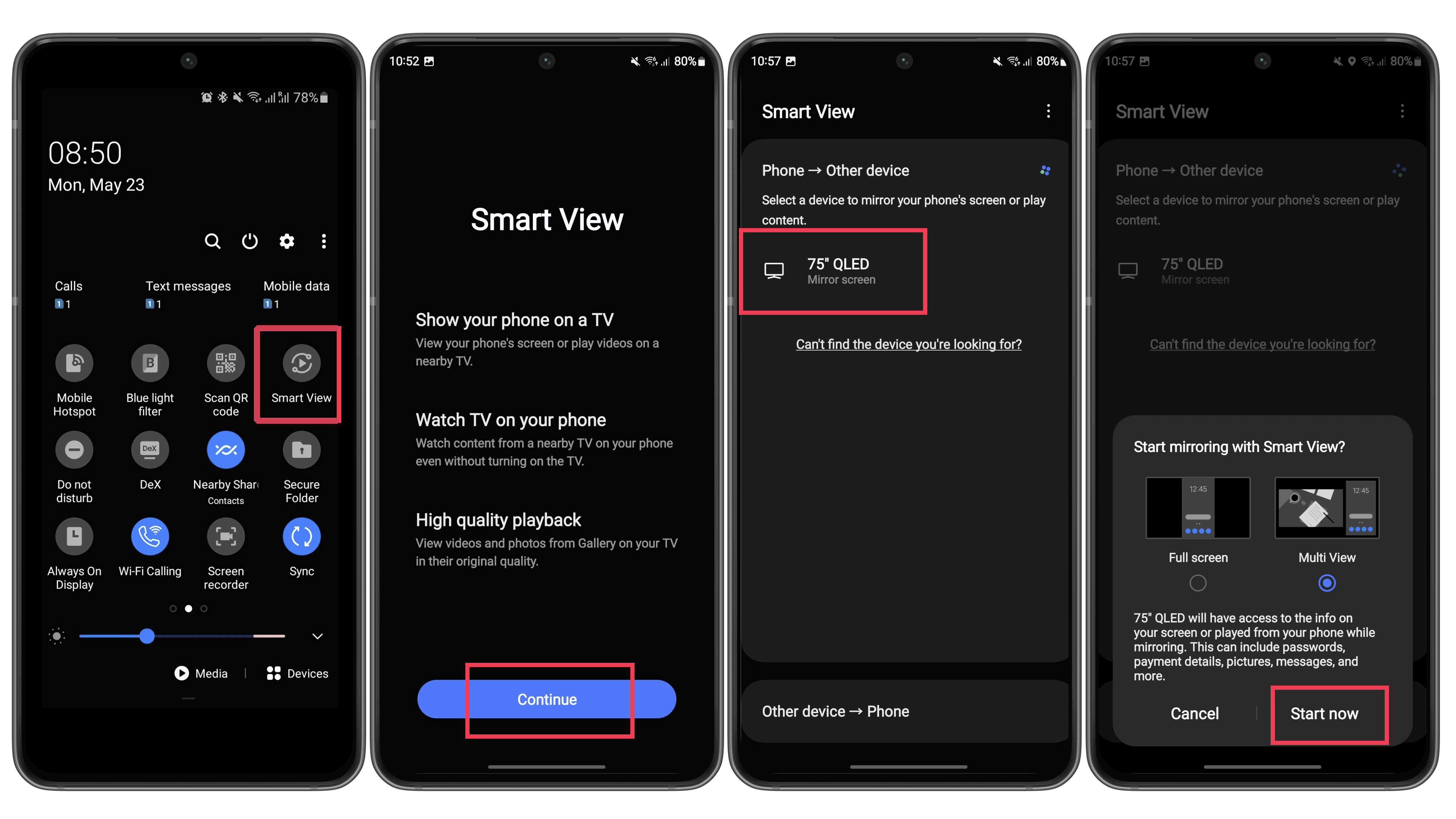 Screenshots showing how to use the Smart View feature to mirror the mobile screen on a television