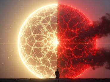 A large sphere split in half, glowing yellow on one side and red with smoke on the other, with a silhouette of a person.