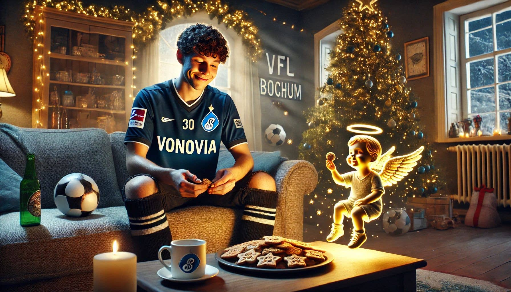 A young man in a VFL Bochum jersey sits on a couch with a Christmas tree, holding a phone and smiling. A young man in a VFL Bochum jersey sits on a couch with a Christmas tree, holding a phone and smiling.