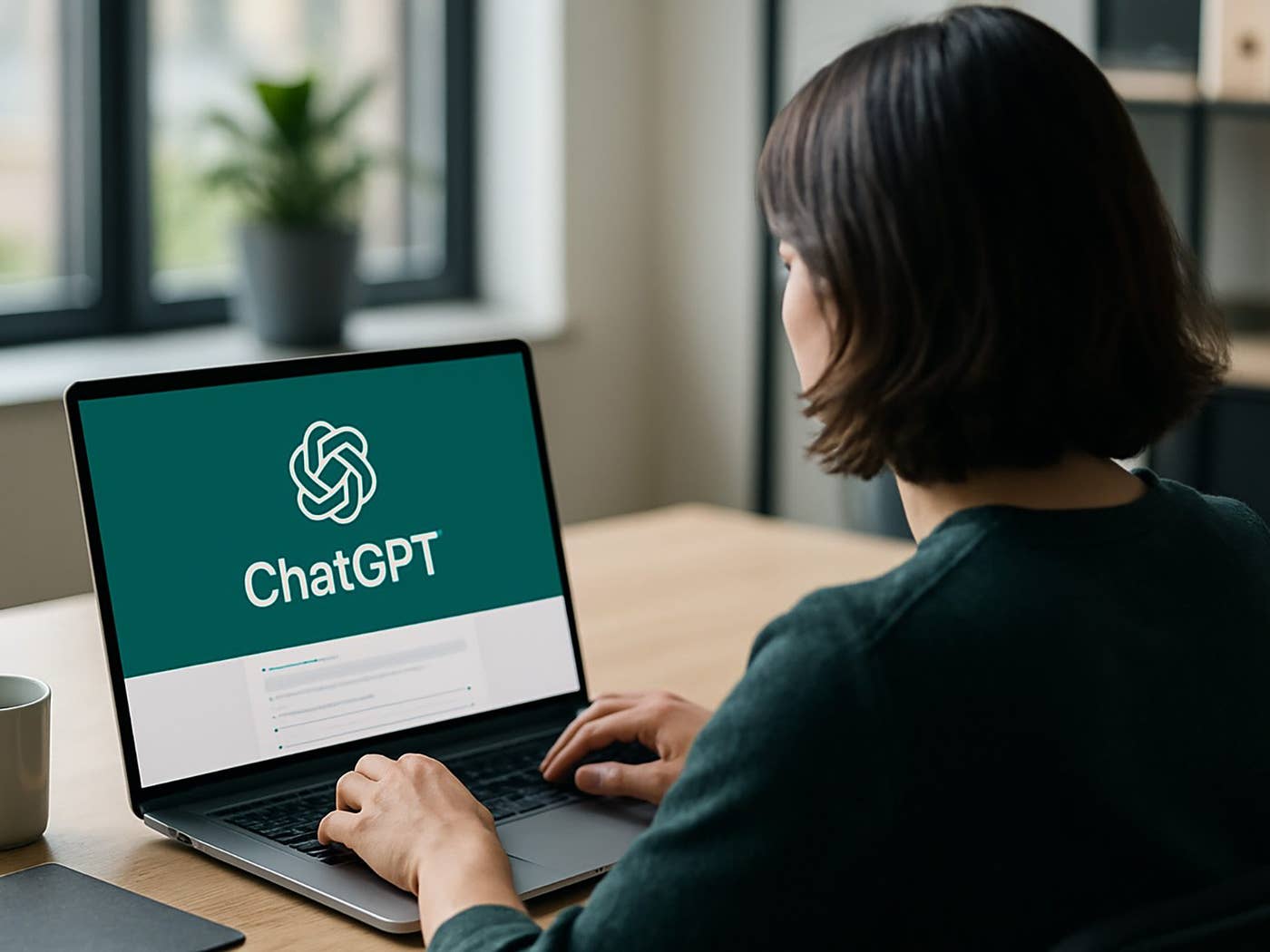 A person works on a laptop with the ChatGPT logo, next to a coffee cup.