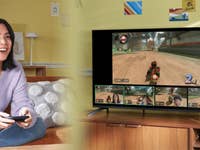 Nintendo Switch 2 Game Chat with Friends A woman playing Nintendo Switch with a TV showing a racing game and four players' video feeds.