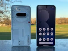 Nothing Phone 3a shown from both sides, with a clear back design and a colorful screen interface.