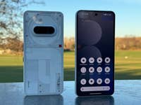 Nothing Phone 3a shown from both sides, with a clear back design and a colorful screen interface.