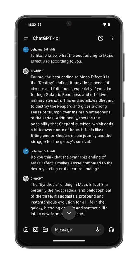 ChatGPT app screenshots on the Nothing Phone (2).