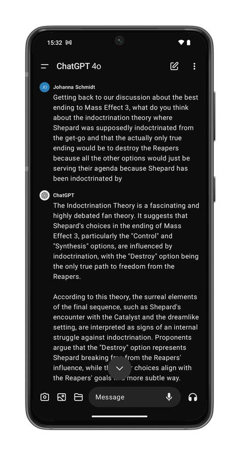 ChatGPT app screenshots on the Nothing Phone (2).