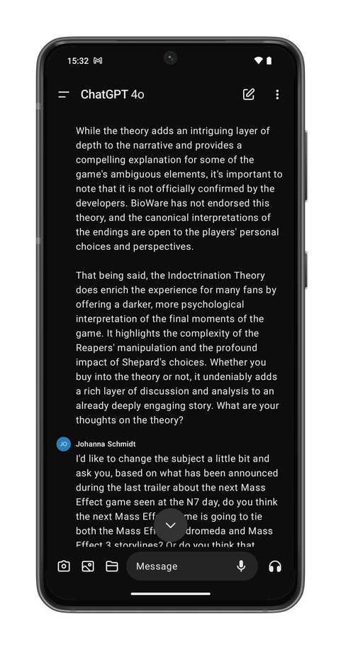 ChatGPT app screenshots on the Nothing Phone (2).