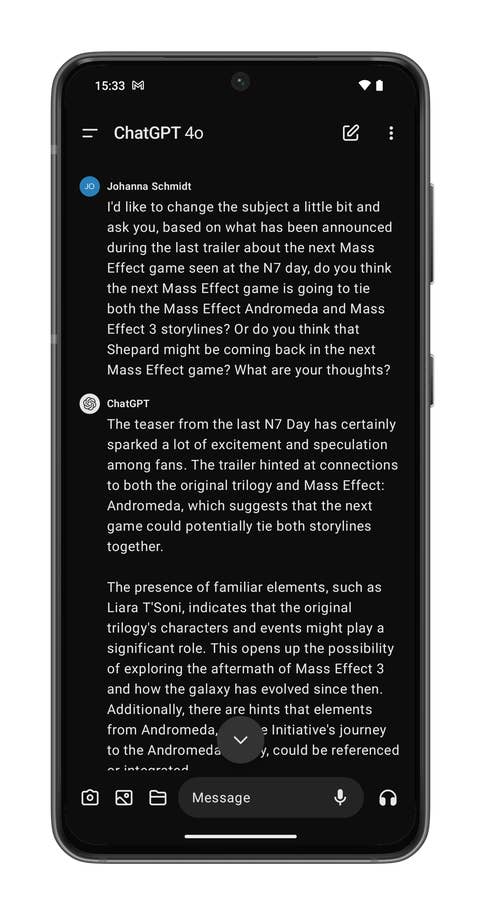 ChatGPT app screenshots on the Nothing Phone (2).