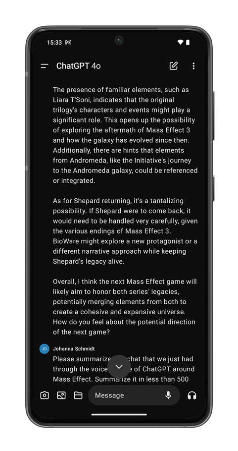 ChatGPT app screenshots on the Nothing Phone (2).