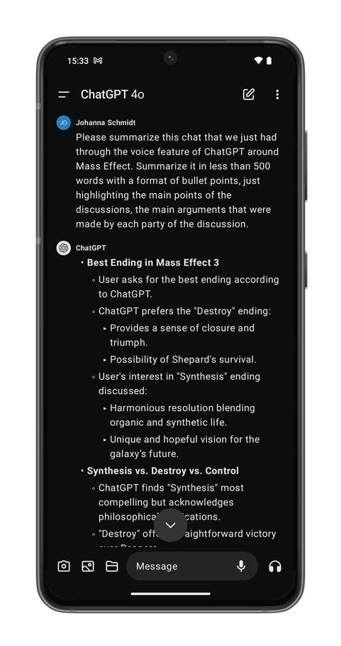 ChatGPT app screenshots on the Nothing Phone (2).