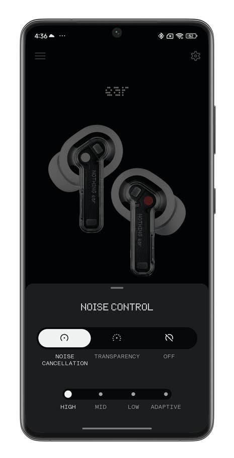 Nothing X app screenshot showing Active Noise Cancellation management